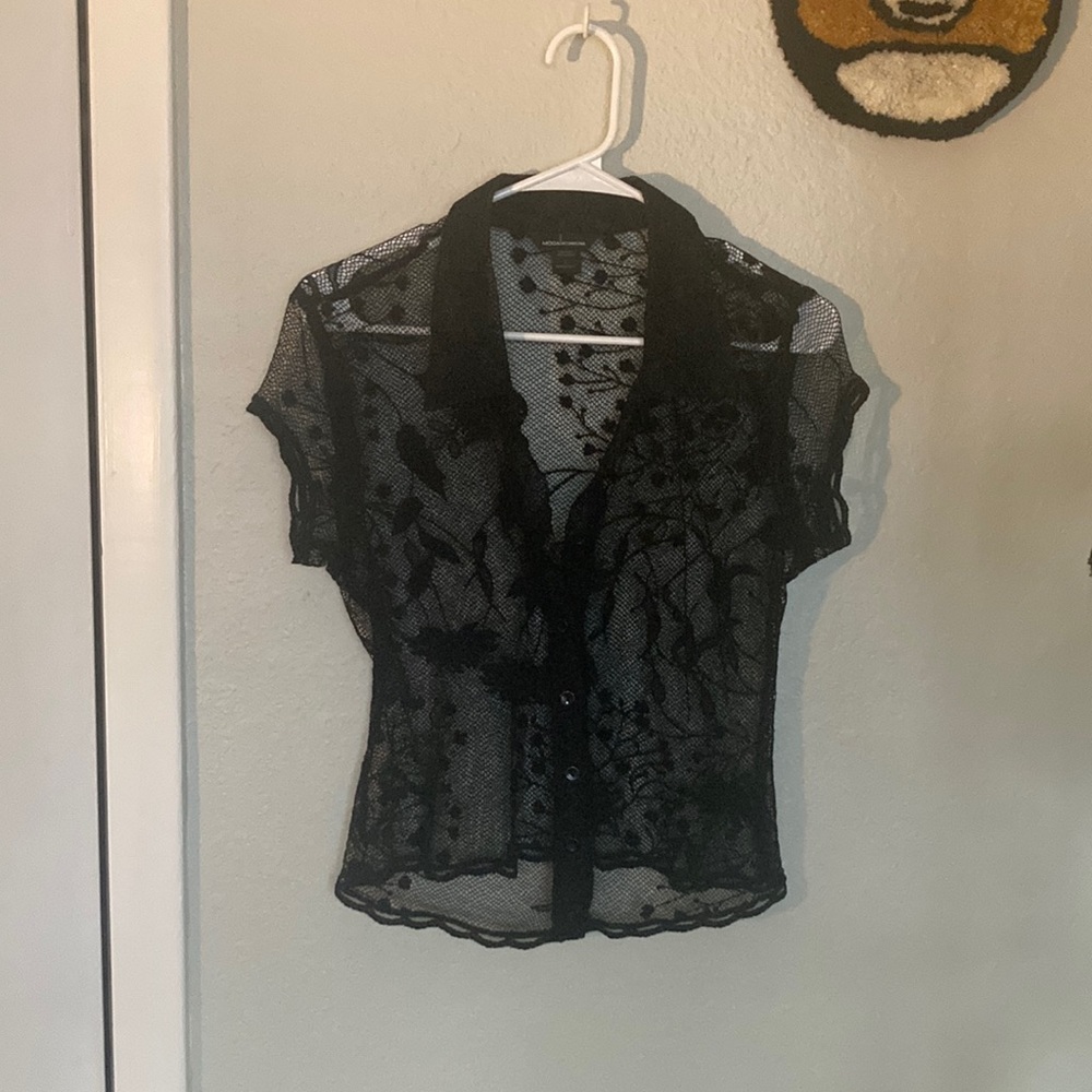 Vintage Sheer Black Lace Button Up Short Sleeve Shirt